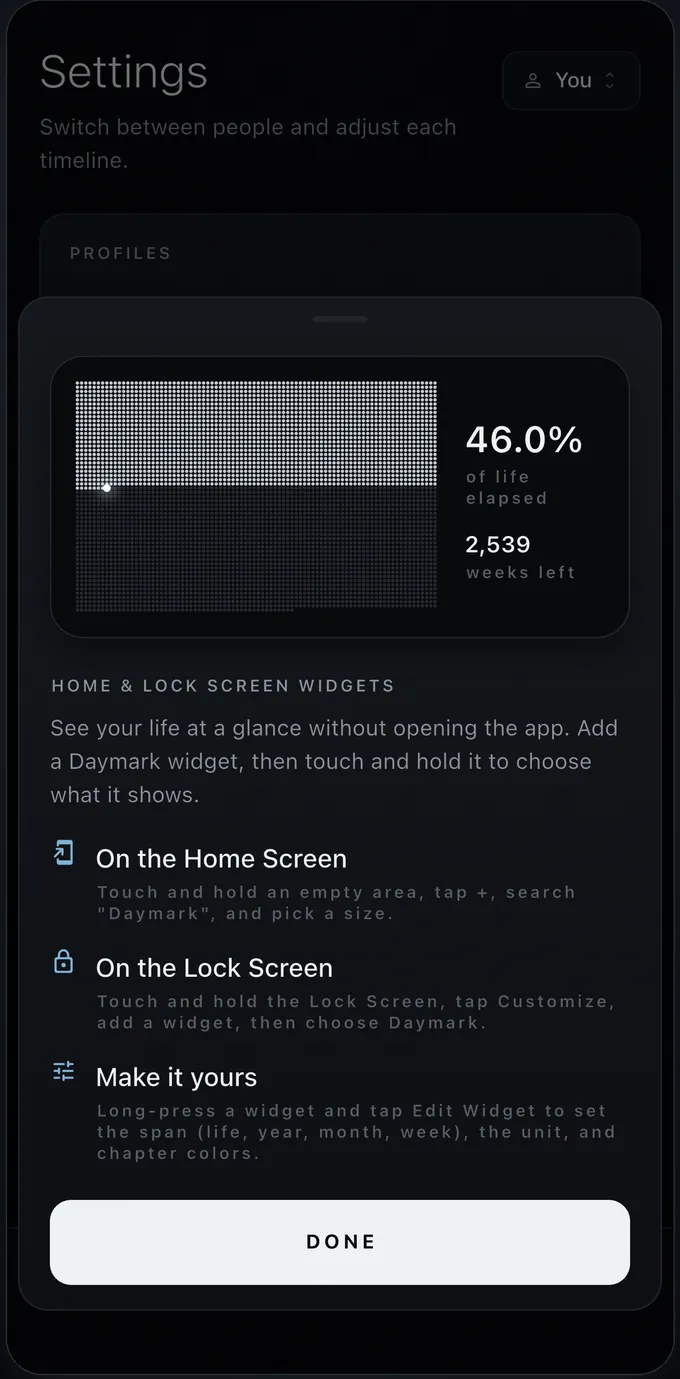 Daymark widgets for the iPhone Home and Lock Screen.