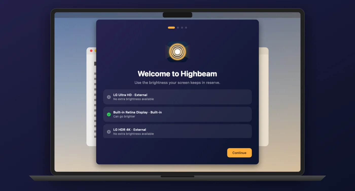 The Highbeam welcome screen listing three displays, with the built-in Retina display marked as able to go brighter and two external LG monitors marked as having no extra brightness.