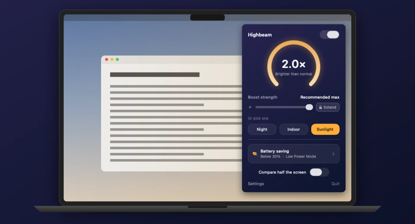 The Highbeam panel in the menu bar, showing a 2.0x ring, a boost strength slider, and Night, Indoor and Sunlight presets.