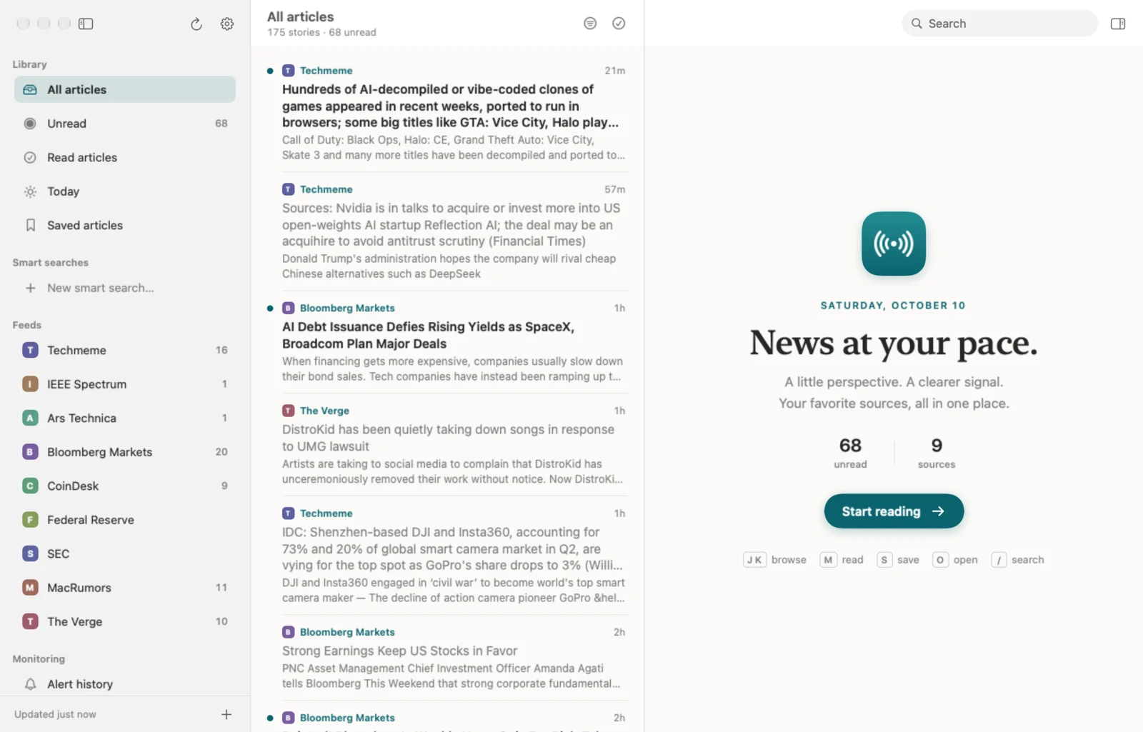 The RSSBar full reader in light mode, with a feed sidebar, a story list, and a reading pane.