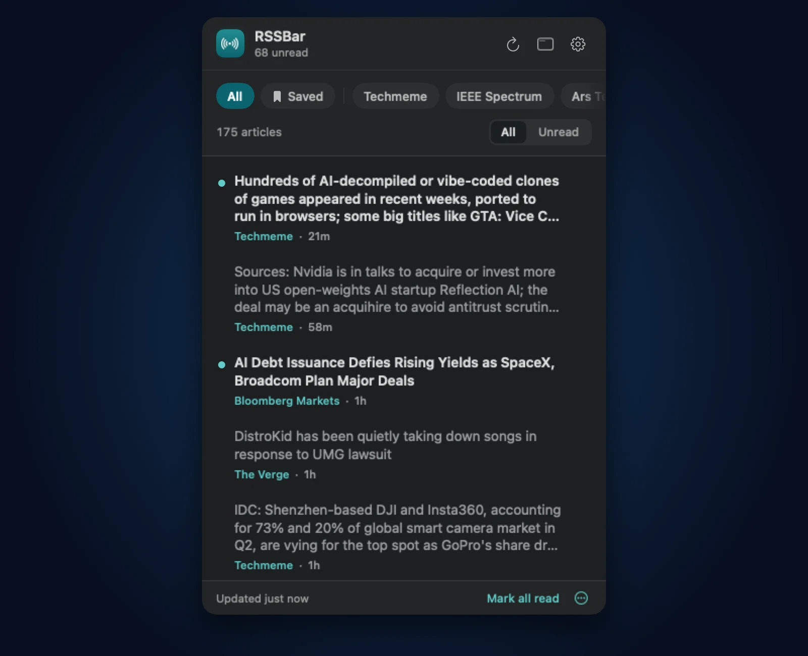 The RSSBar menu bar window, with source chips, an All and Unread switch, and a list of headlines with their sources.